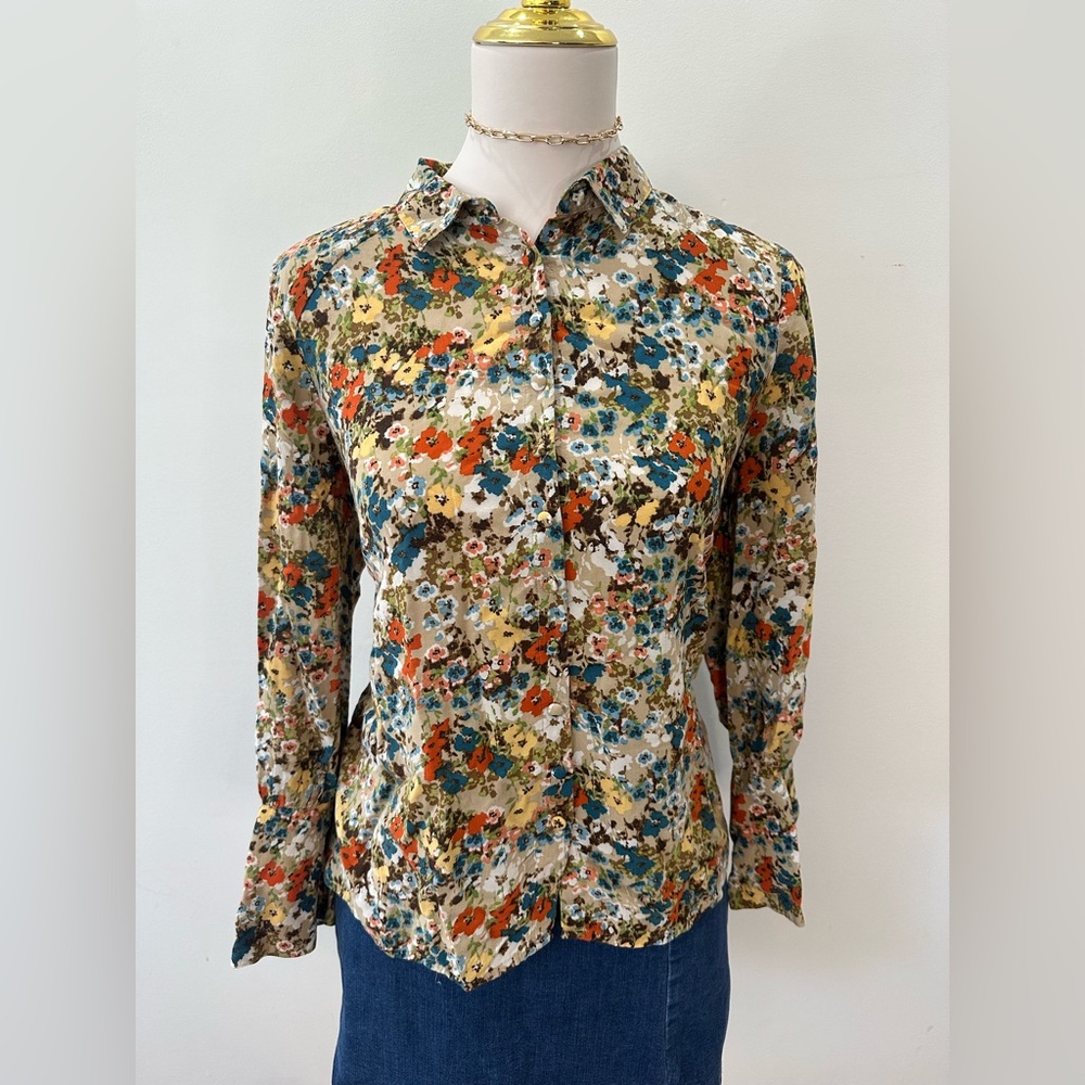 J. Jill‎ Wheat Painterly Floral Button Up Bell Sleeve Retro Blouse Petite Small